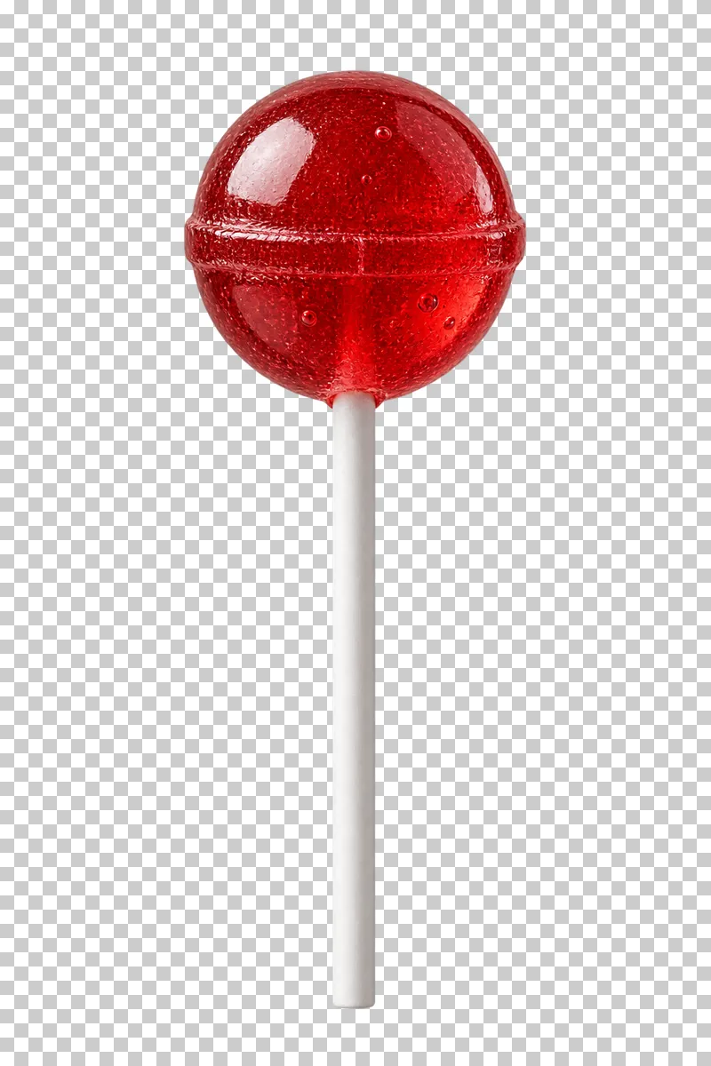 A spherical red hard-candy lollipop with a faint mould seam and a full white stick.