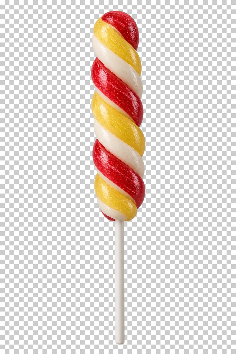 An elongated red, yellow and ivory twisted hard-candy lollipop on a full white stick.