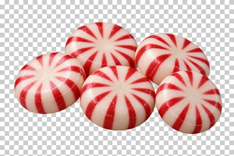 A small portion of round ivory peppermint candies with red radial stripes.