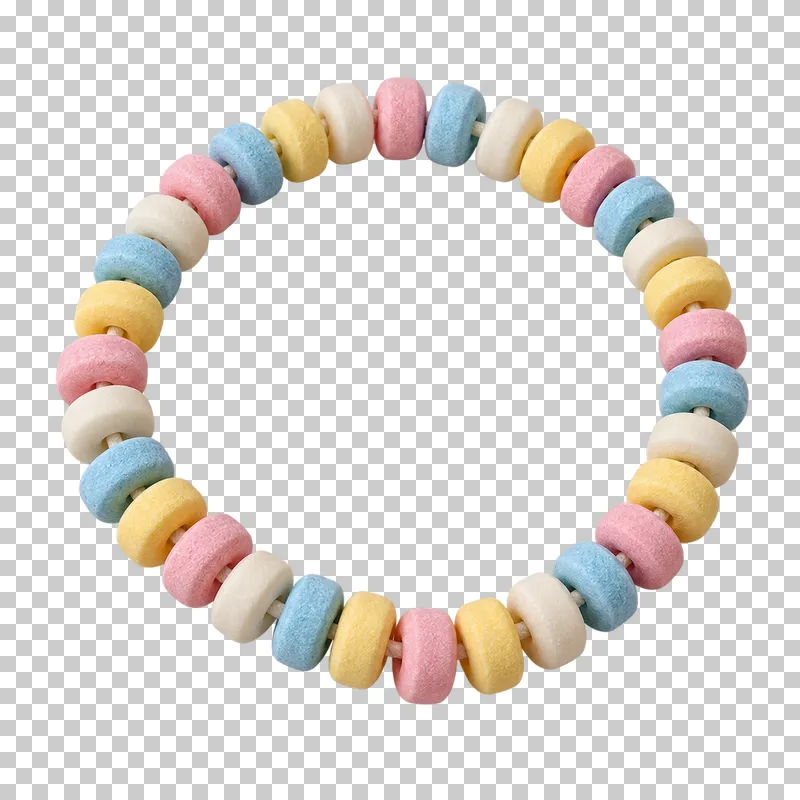 A complete candy necklace with pastel pressed-sugar ring beads on a thin string.