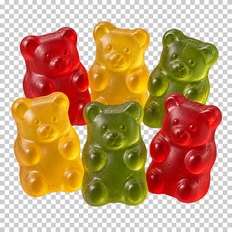 A small portion of red, golden and green gummy bears with recognizable faces and paws.