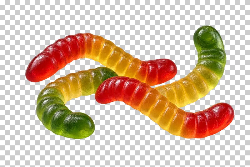 A small portion of curved fruit gummy worms with rippled segments and two-tone colors.
