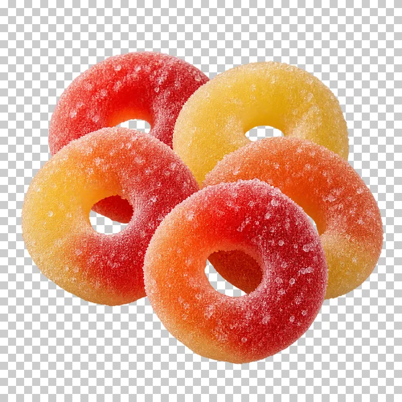 A small portion of fruit gummy rings coated in fine sugar crystals.