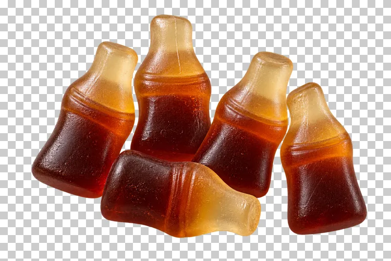 A small portion of cola-bottle gummies with dark brown bodies and pale amber necks.