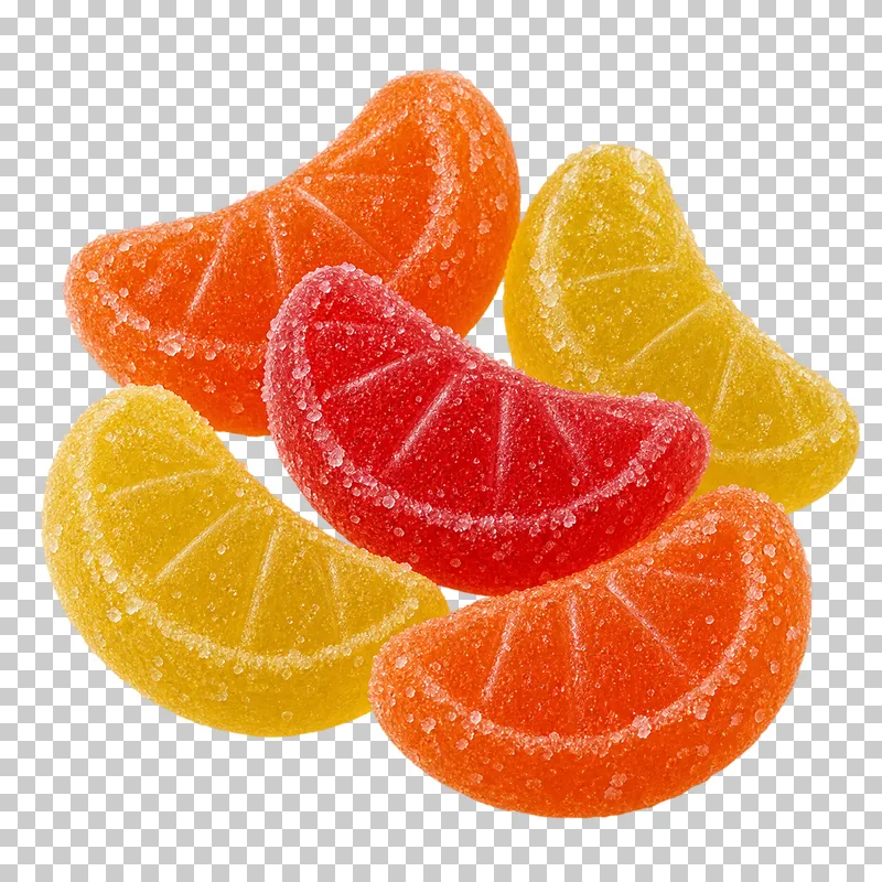 A small portion of fruit crescent gummies with citrus-like segments and adhered sugar crystals.