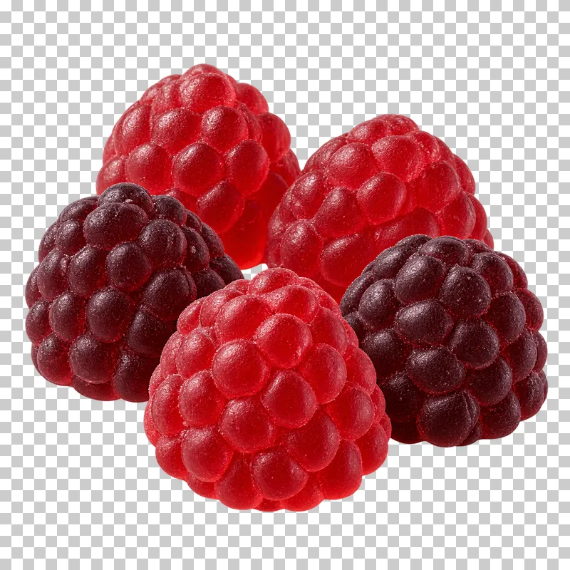 A small portion of red and dark berry-colored raspberry gummies with textured rounded lobes.