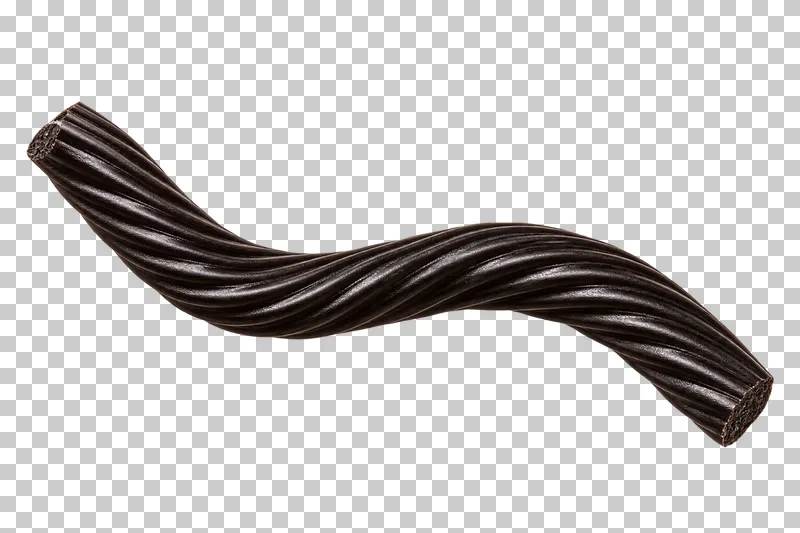 A dark ridged licorice rope arranged in a shallow curve with both cut ends visible.