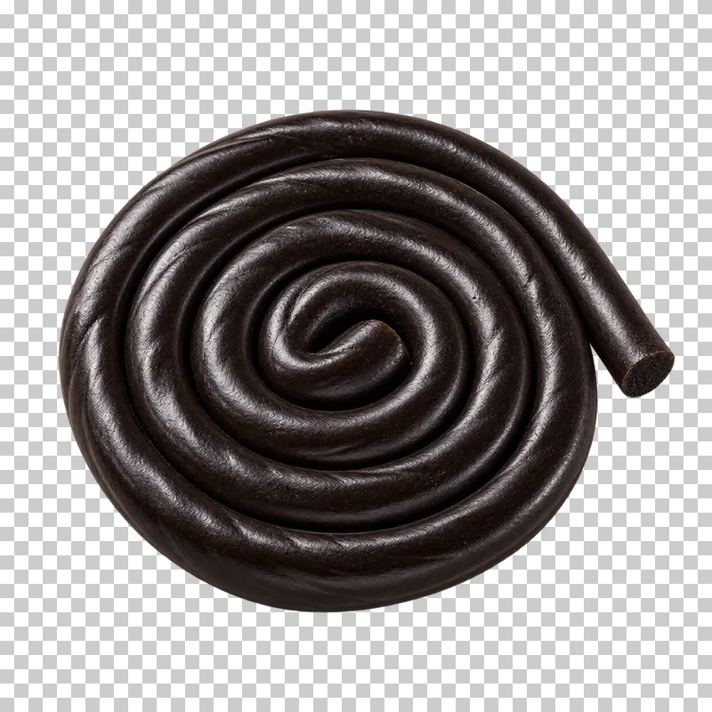 A dark licorice rope wound into a flat spiral with a short outer tail.