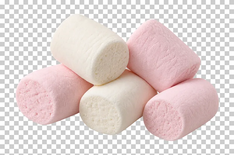 A small portion of ivory and pale pink cylindrical marshmallows with porous cut ends.