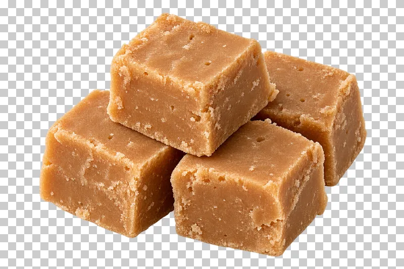 A small portion of tan fudge cubes with fine-grained cut faces and crumbly edges.