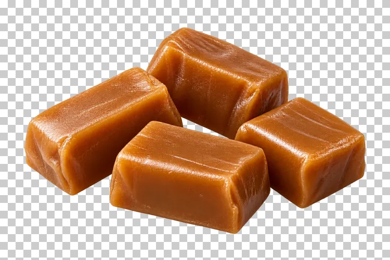 A small portion of soft caramel pieces with smooth honey-brown surfaces and subtle cut marks.