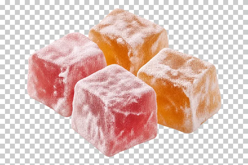 A small portion of rose-colored and amber Turkish delight cubes coated in fine powdered sugar.