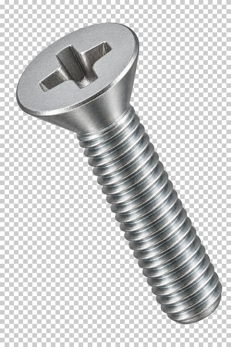 Stainless steel countersunk machine screw with a Phillips drive and blunt tip.