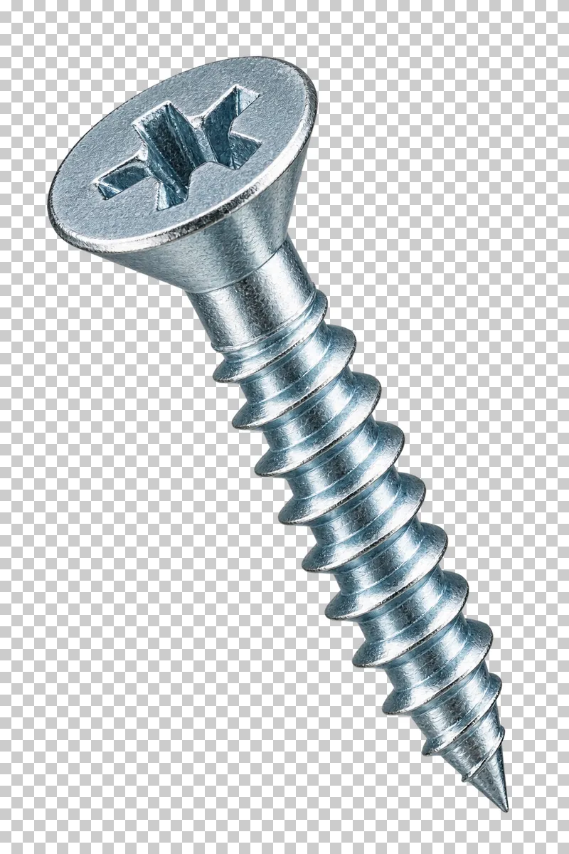 Zinc-plated wood screw with a cross drive, coarse thread and sharp point.