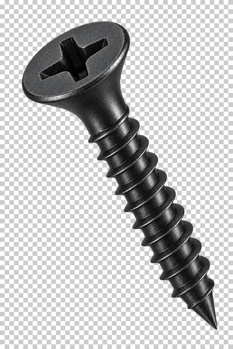 Black-oxide drywall screw with a Phillips drive, bugle head and sharp tip.