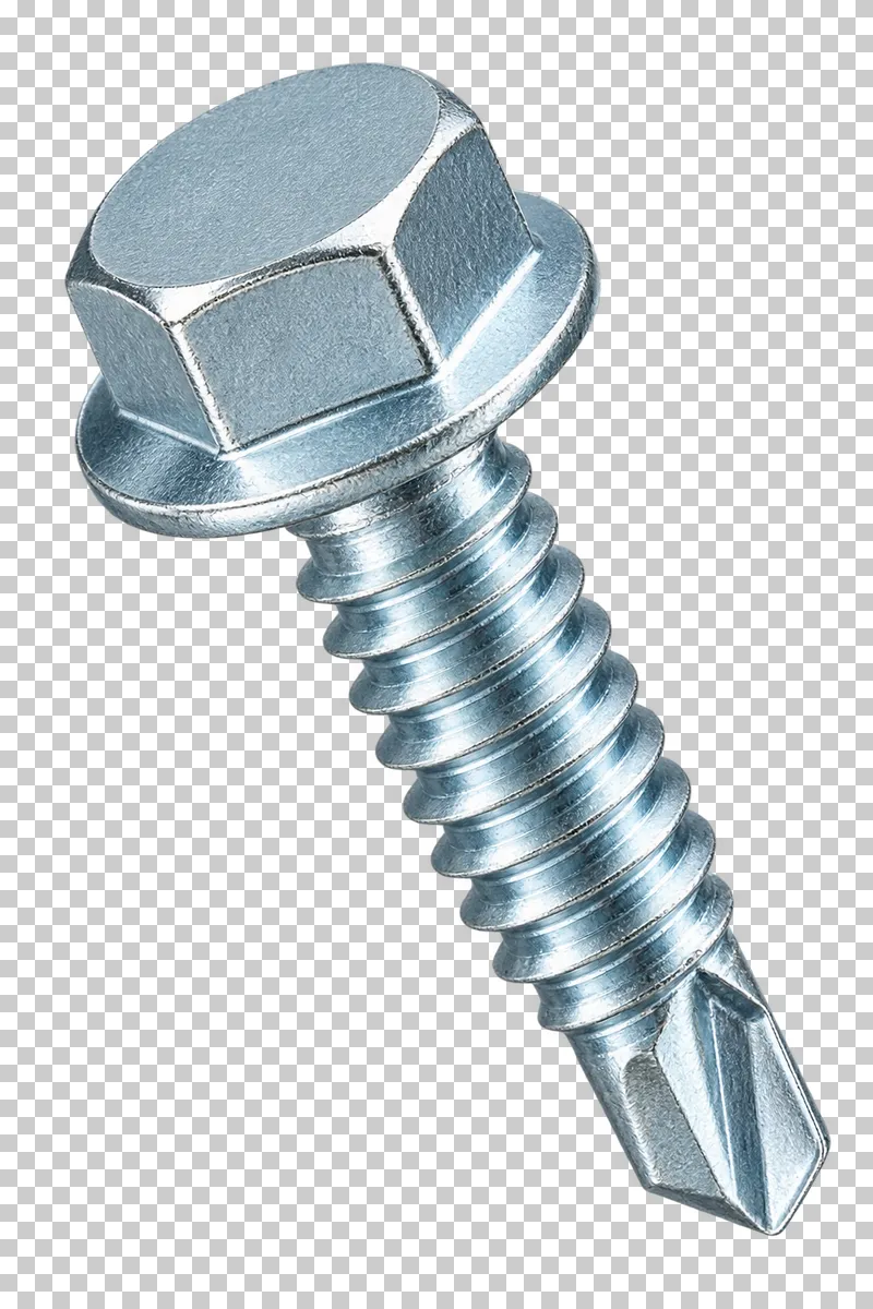 Zinc-plated self-drilling screw with a hex washer head and fluted drill tip.