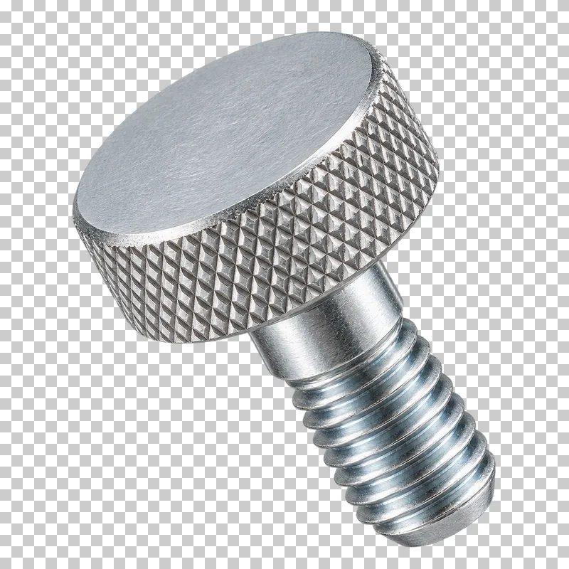 Stainless steel thumb screw with a diamond-knurled head and short threaded shaft.