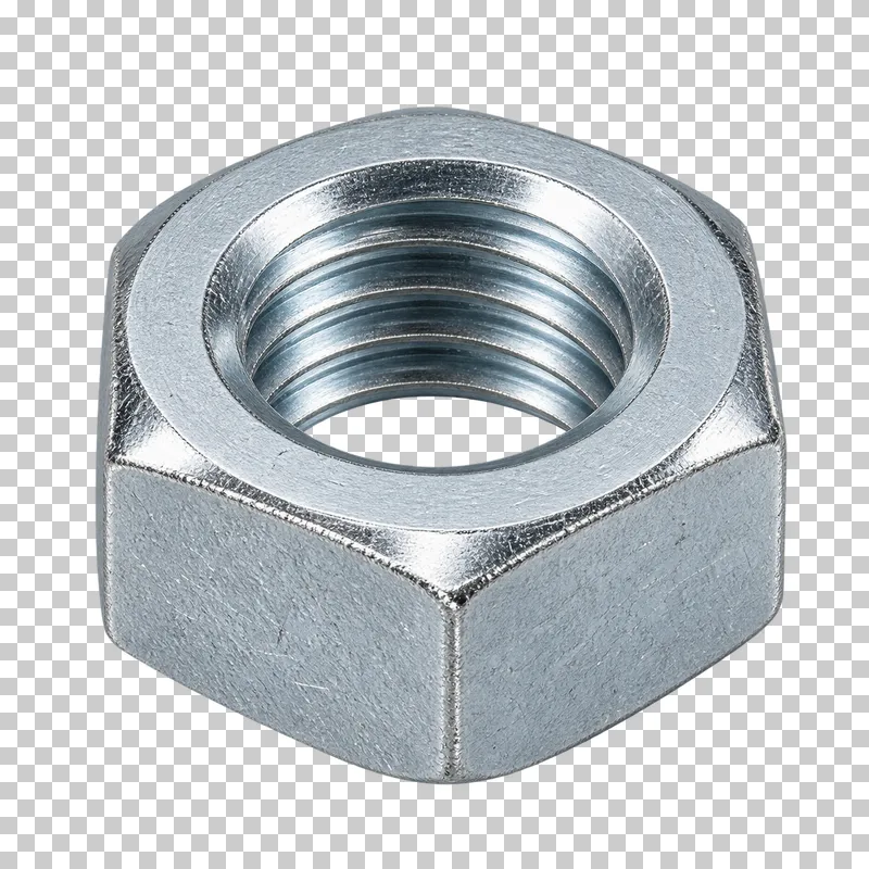 Zinc-plated hex nut with a chamfered rim and threaded through-hole.