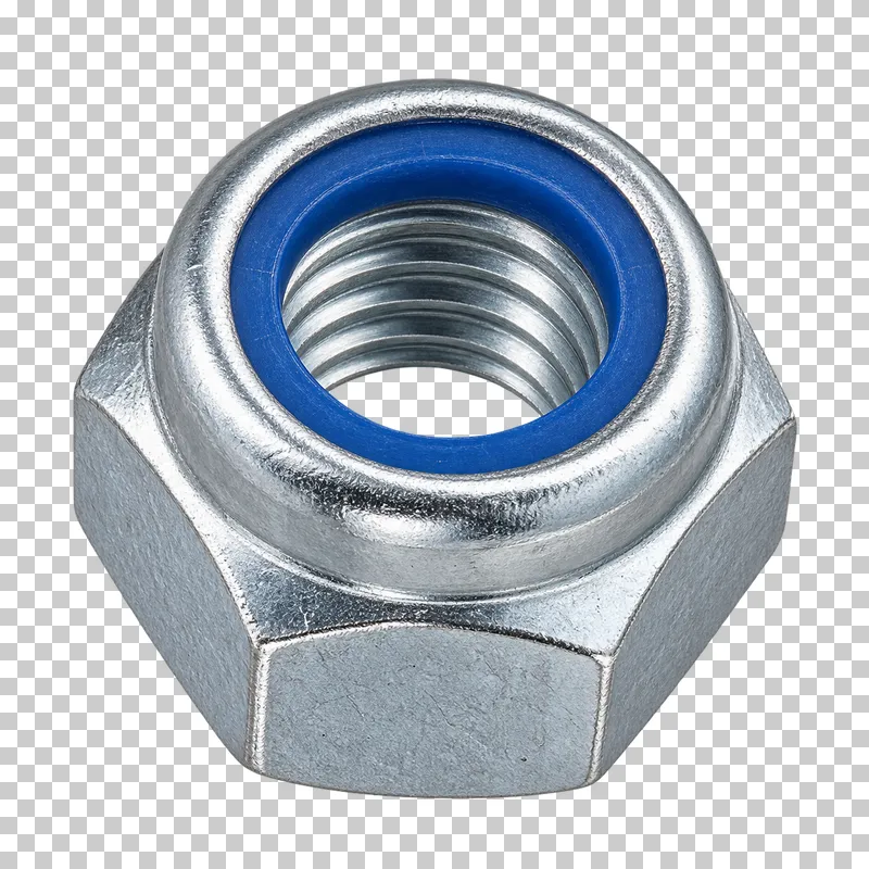 Zinc-plated lock nut with a blue nylon insert above the threaded bore.