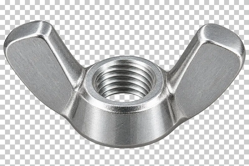 Stainless steel wing nut with two raised wings and a threaded central bore.