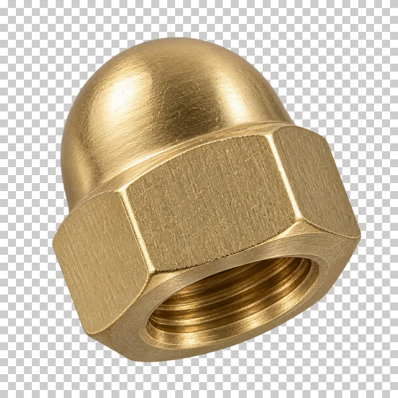 Brass cap nut with hexagonal wrench flats and a closed rounded dome.