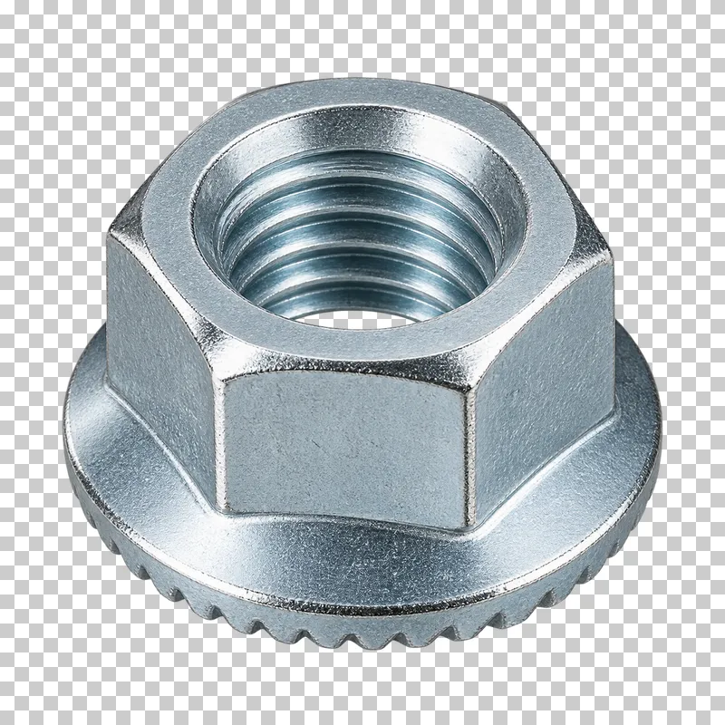 Zinc-plated hex flange nut with an integrated circular flange.