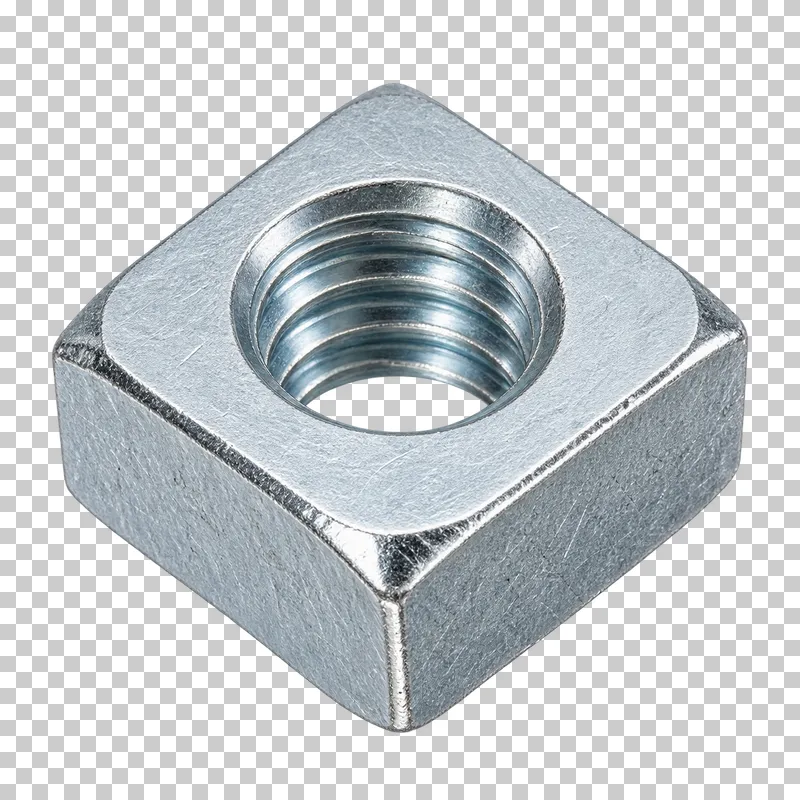 Zinc-plated square nut with a central threaded through-hole.