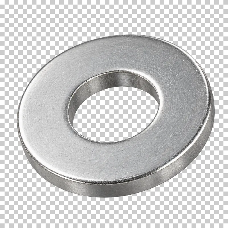Stainless steel flat washer with a circular opening and visible sheet thickness.
