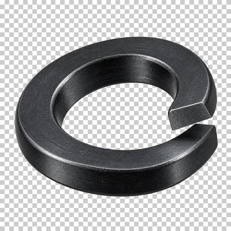Black-oxide split spring washer with offset ends and an open central aperture.