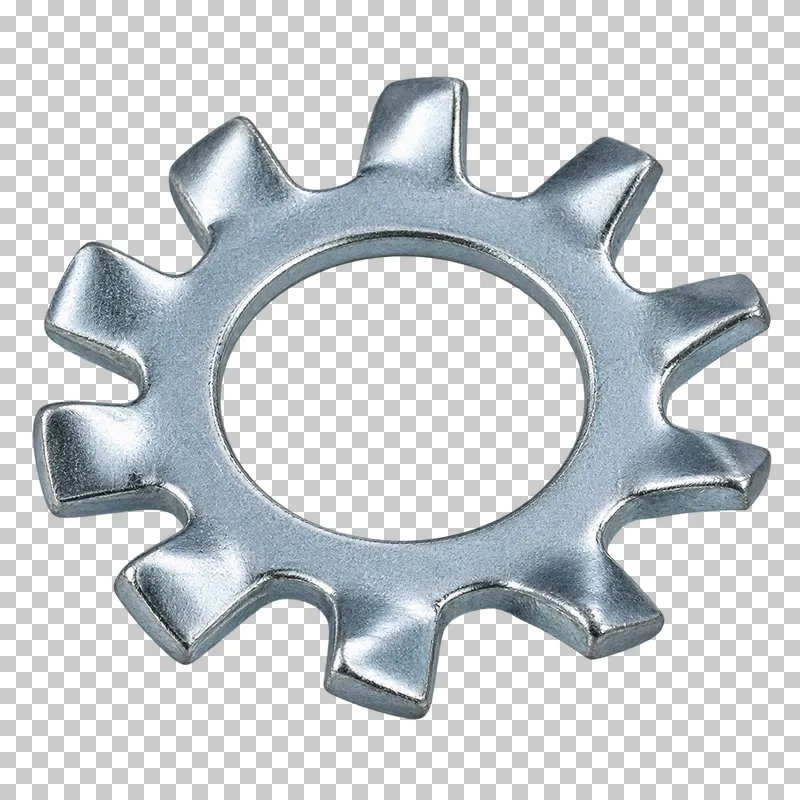 Zinc-plated external-tooth lock washer with a circular opening and radial teeth.