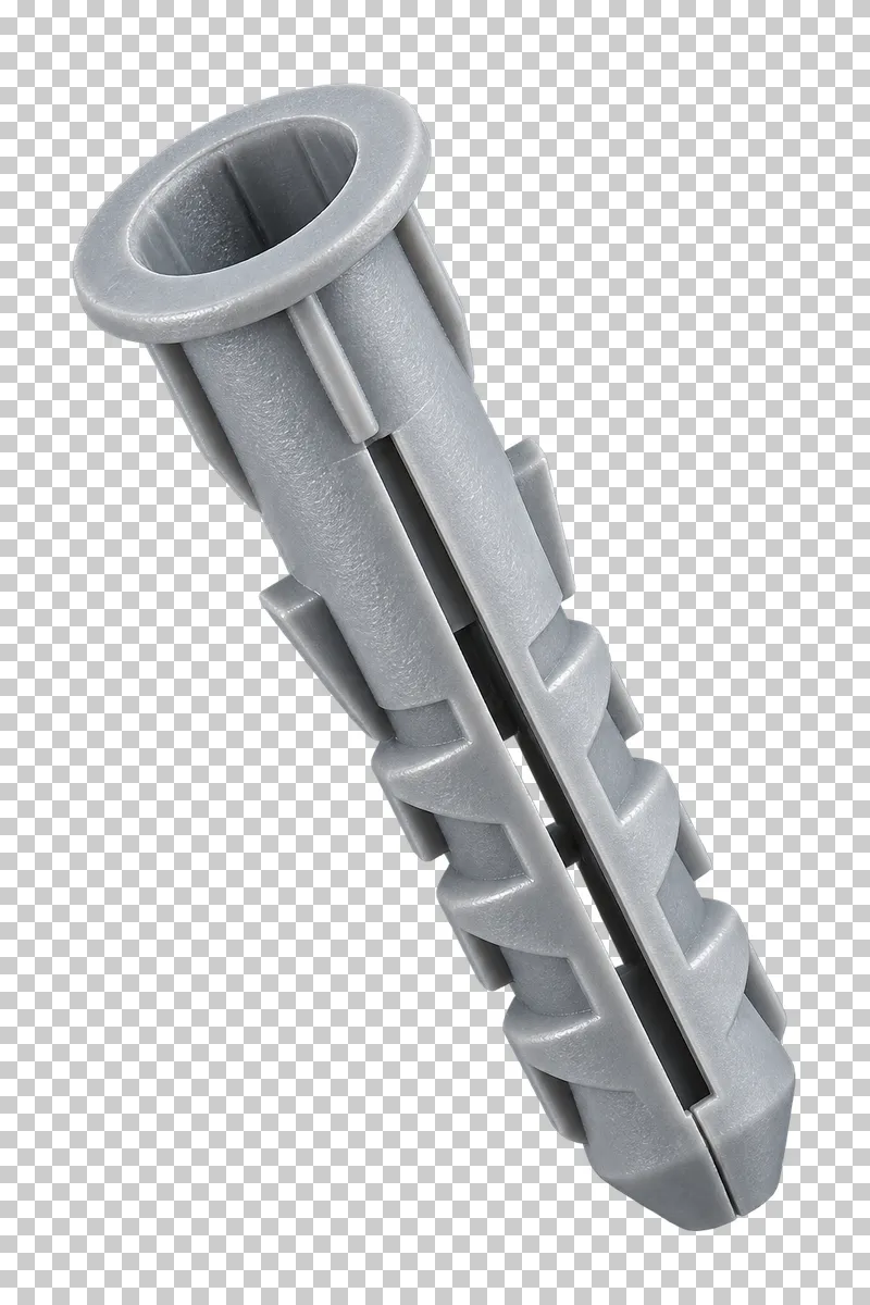 Gray nylon expansion wall plug with ribs and expansion slots.