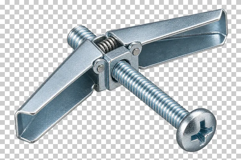 Zinc-plated spring toggle anchor with folding wings and a threaded bolt.