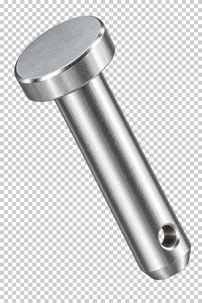 Stainless steel clevis pin with a round head and transverse cotter-pin hole.
