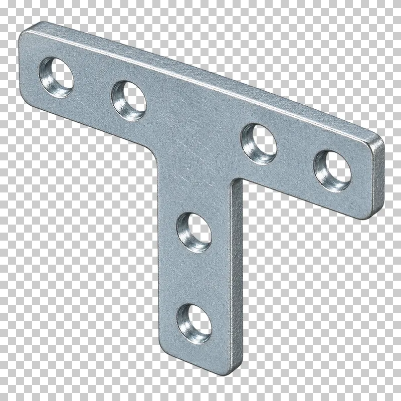 Zinc-plated T-shaped mending plate with six round mounting holes.
