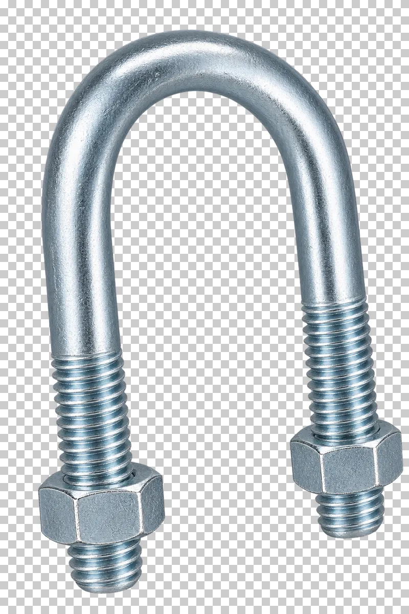 Zinc-plated U-bolt with threaded ends and two matching nuts.