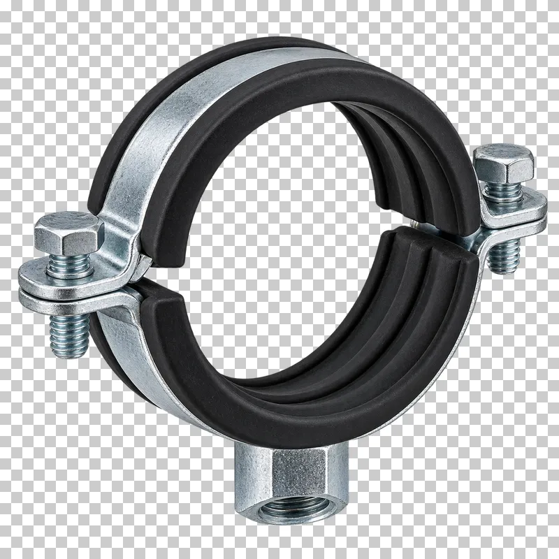 Zinc-plated pipe clamp with black rubber lining and fastening hardware.