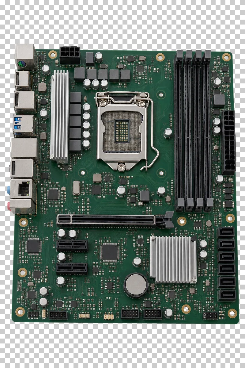 A green ATX motherboard with an empty processor socket, four RAM slots, expansion slots and rear ports.