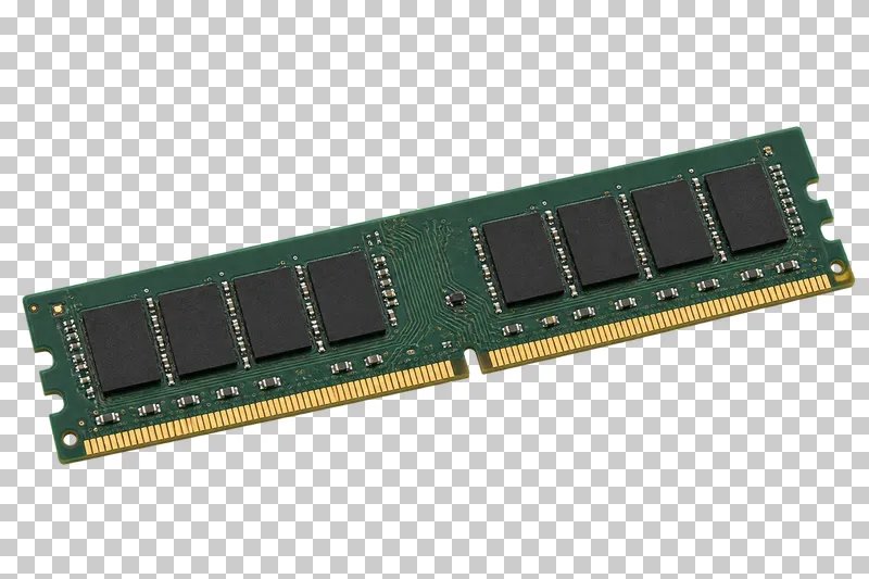 A green RAM module with black memory chips and a notched gold contact edge.