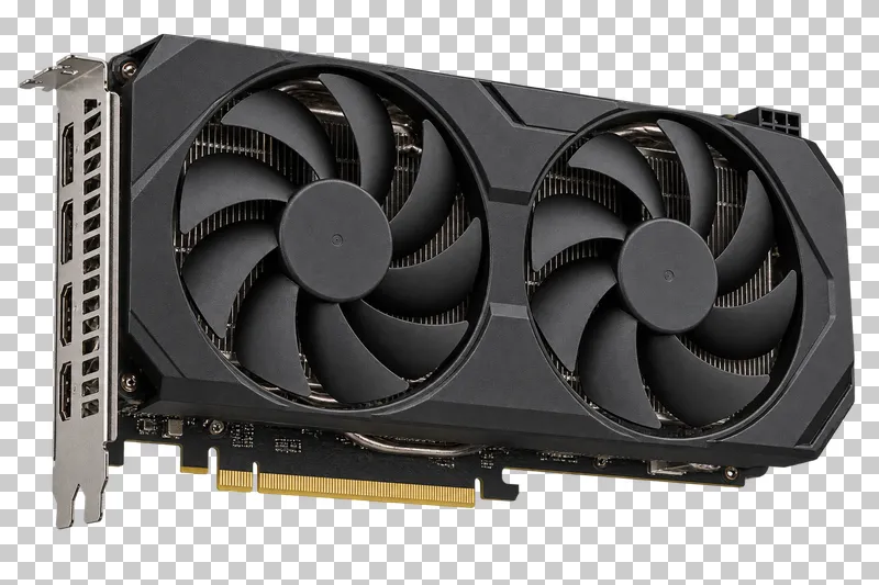A black graphics card with two fans, metal expansion bracket and gold PCIe contacts.