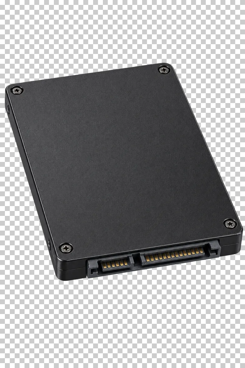 A plain black 2.5-inch SSD with SATA data and power connectors.