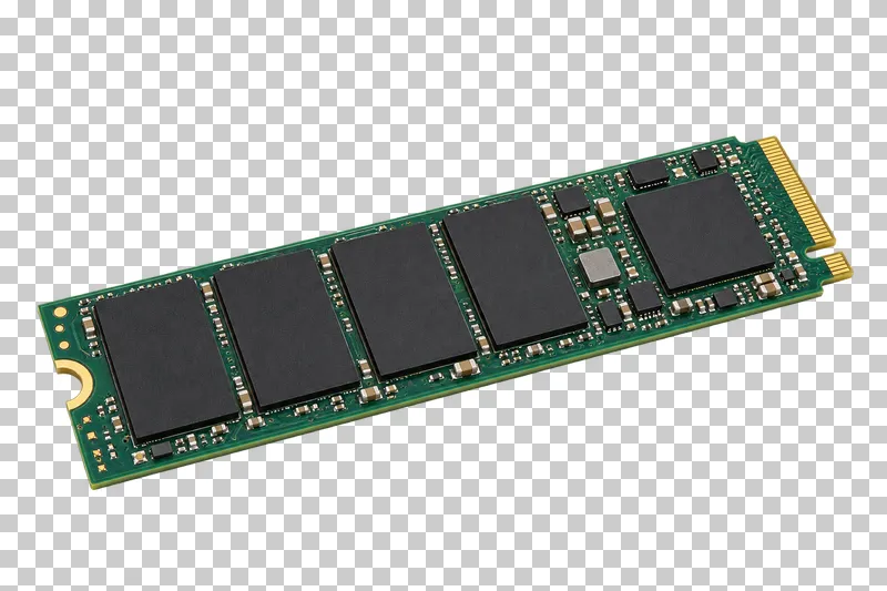 A green M.2 NVMe SSD with black memory chips, gold contacts and a mounting notch.