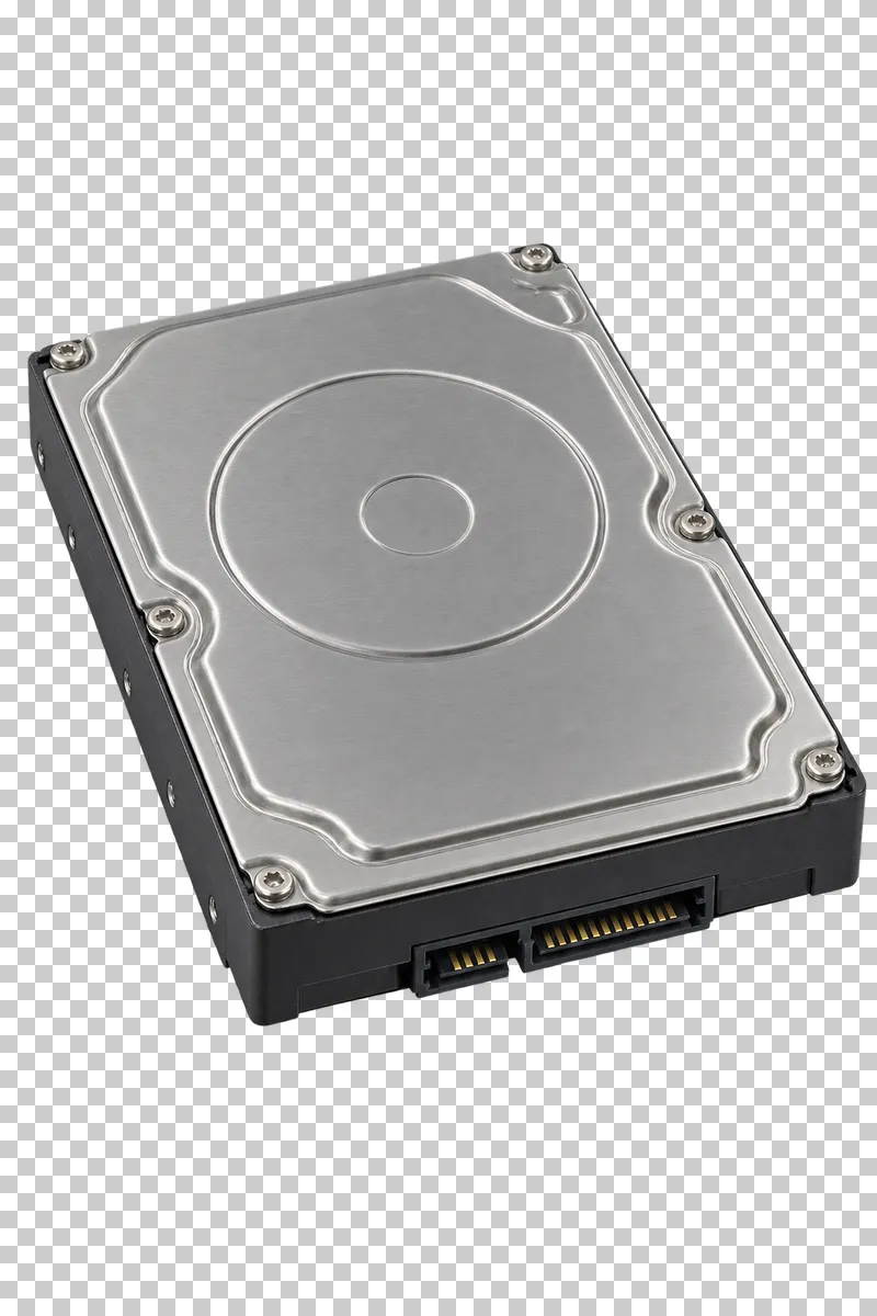 A 3.5-inch hard drive with a stamped silver cover and adjacent SATA data and power connectors.