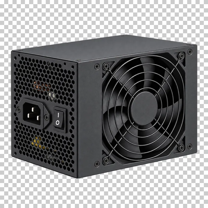 A black computer power supply with a fan grille, vent holes, power inlet and rocker switch.