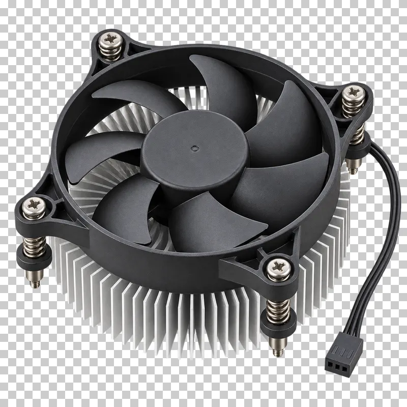 A radial aluminum CPU cooler with a black fan, spring-loaded mounting screws and a short power cable.