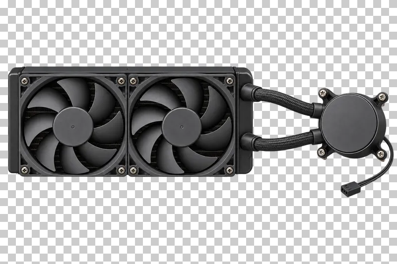 A complete AIO liquid cooler with a dual-fan radiator, two separate hoses and a round pump block.