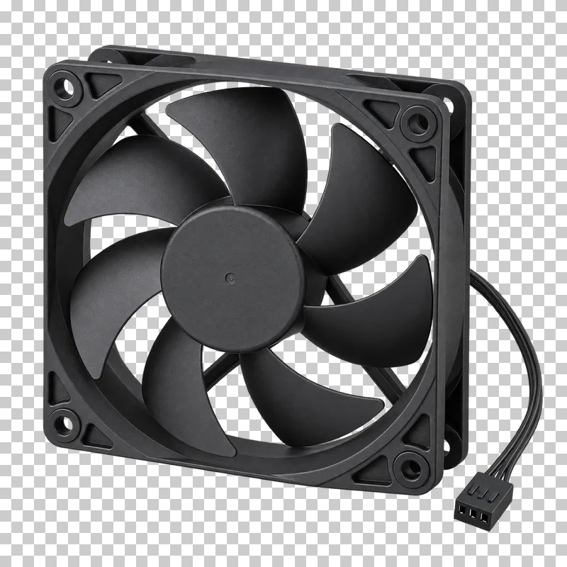 A black case fan with seven blades, corner mounting holes and a power cable.