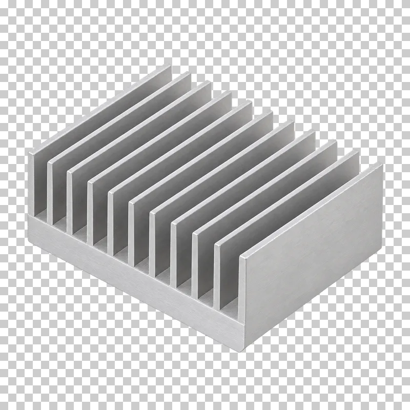 A standalone aluminum heatsink with regularly spaced parallel fins.