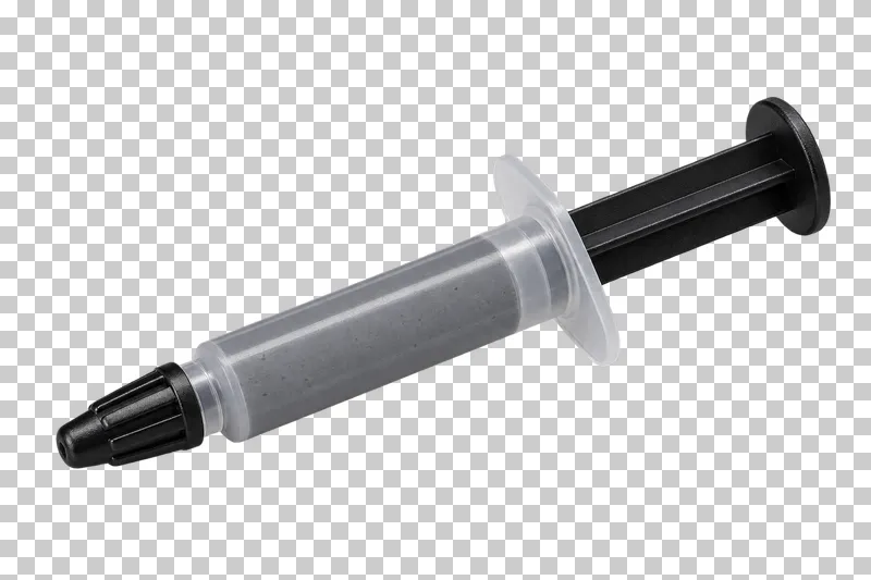 A thermal paste applicator with a translucent barrel, black plunger and capped nozzle.