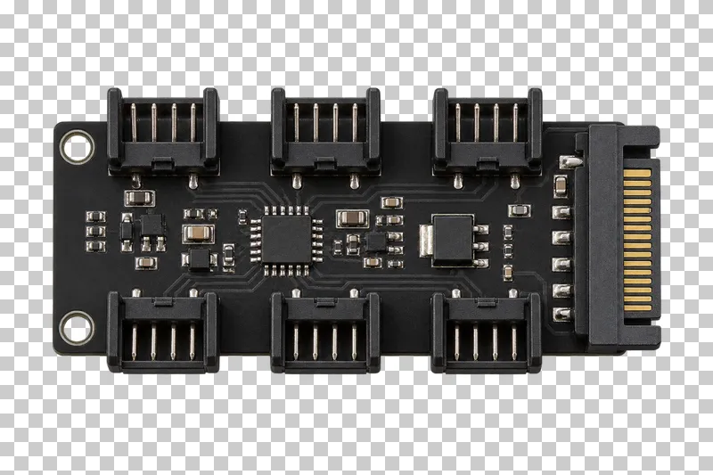 A black fan hub PCB with six fan headers, power connector and mounting holes.