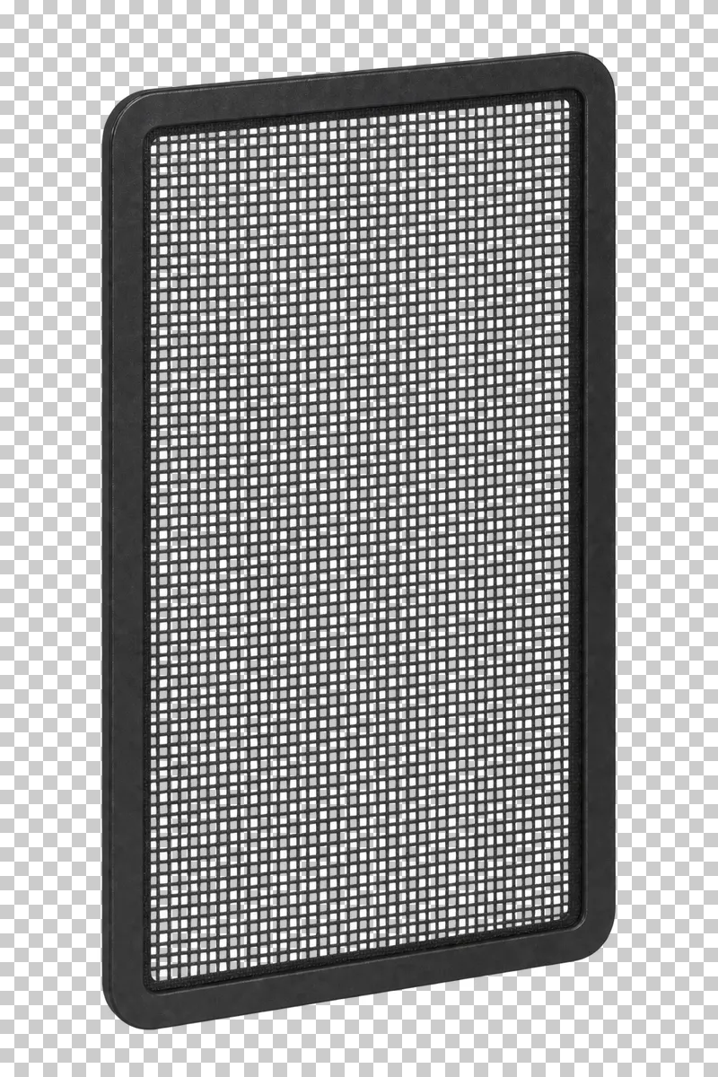 A removable rectangular dust filter with a black frame and fine transparent mesh openings.